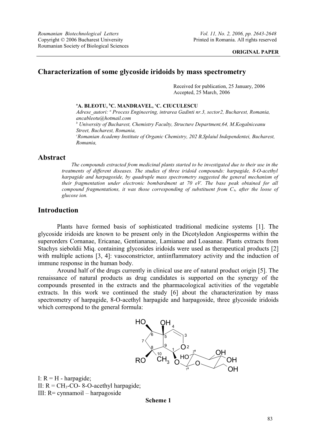 Characterisation of Some Glycoside Iridoids by Mass Spectrometry