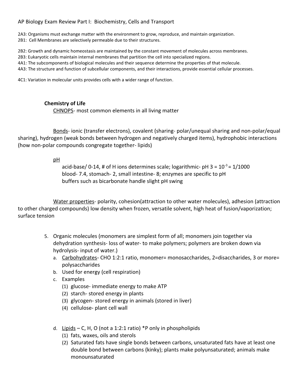 AP Biology Exam Review Part I: Biochemistry, Cells and Transport