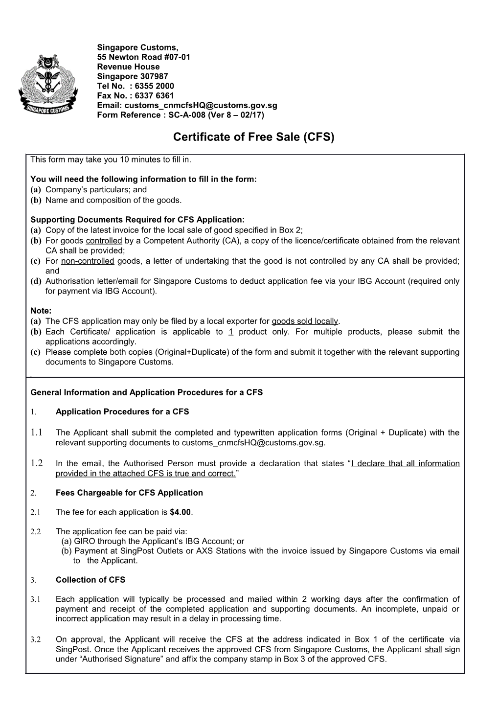 Certificate of Free Sale (CFS)