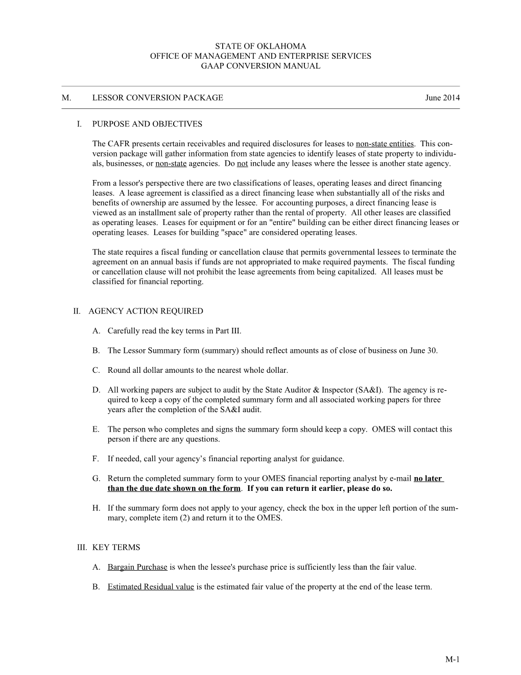 OSF Form M-1: Lessor Conversion Package