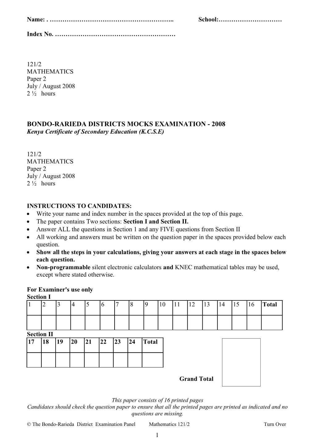 Bondo-Rarieda Districts Mocks Examination - 2008