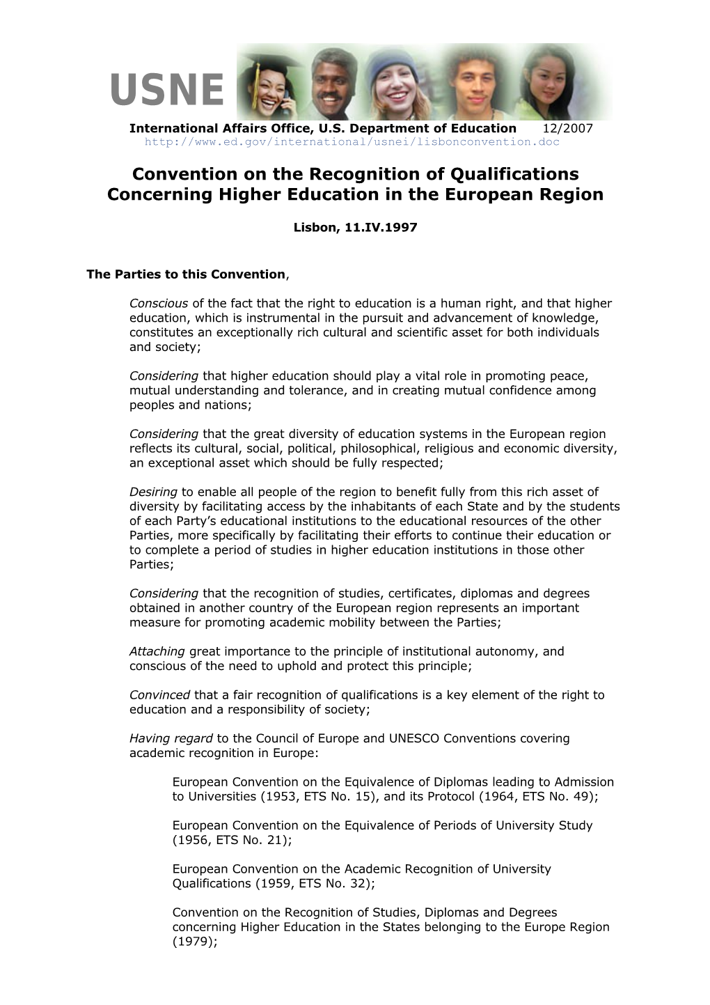 Convention on the Recognition of Qualifications Concerning Higher Education in the European