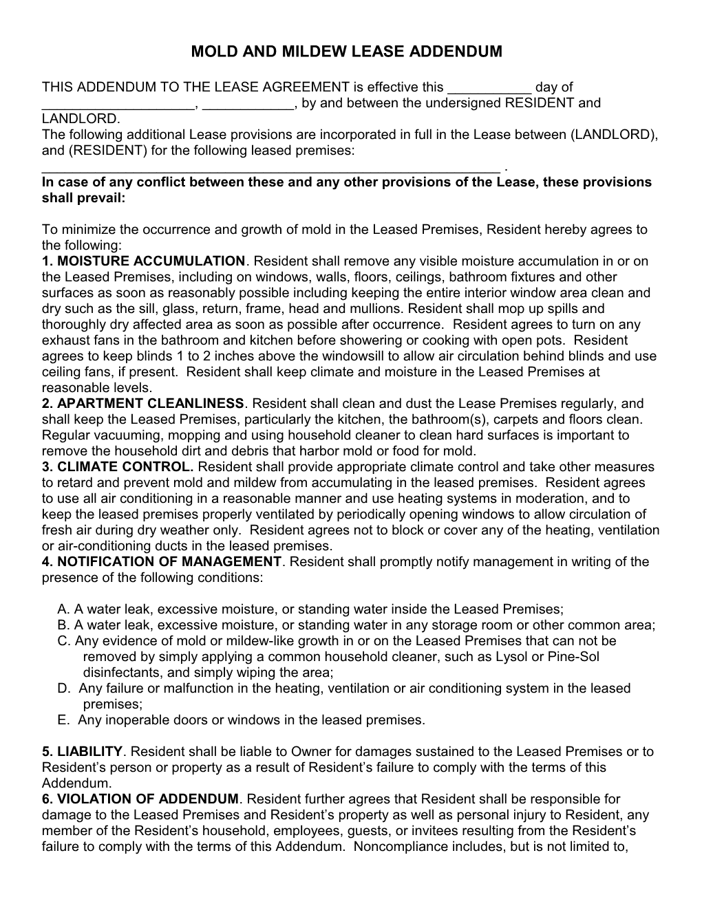 Addendum to Lease Agreement Mold