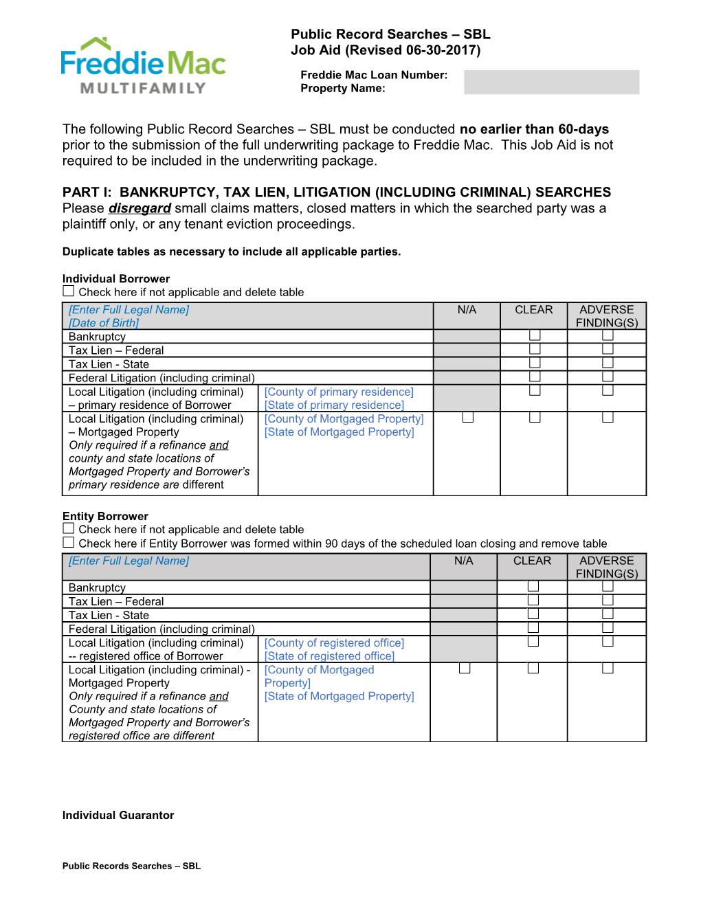 Part I: Bankruptcy, Tax Lien, Litigation (Including Criminal) Searches