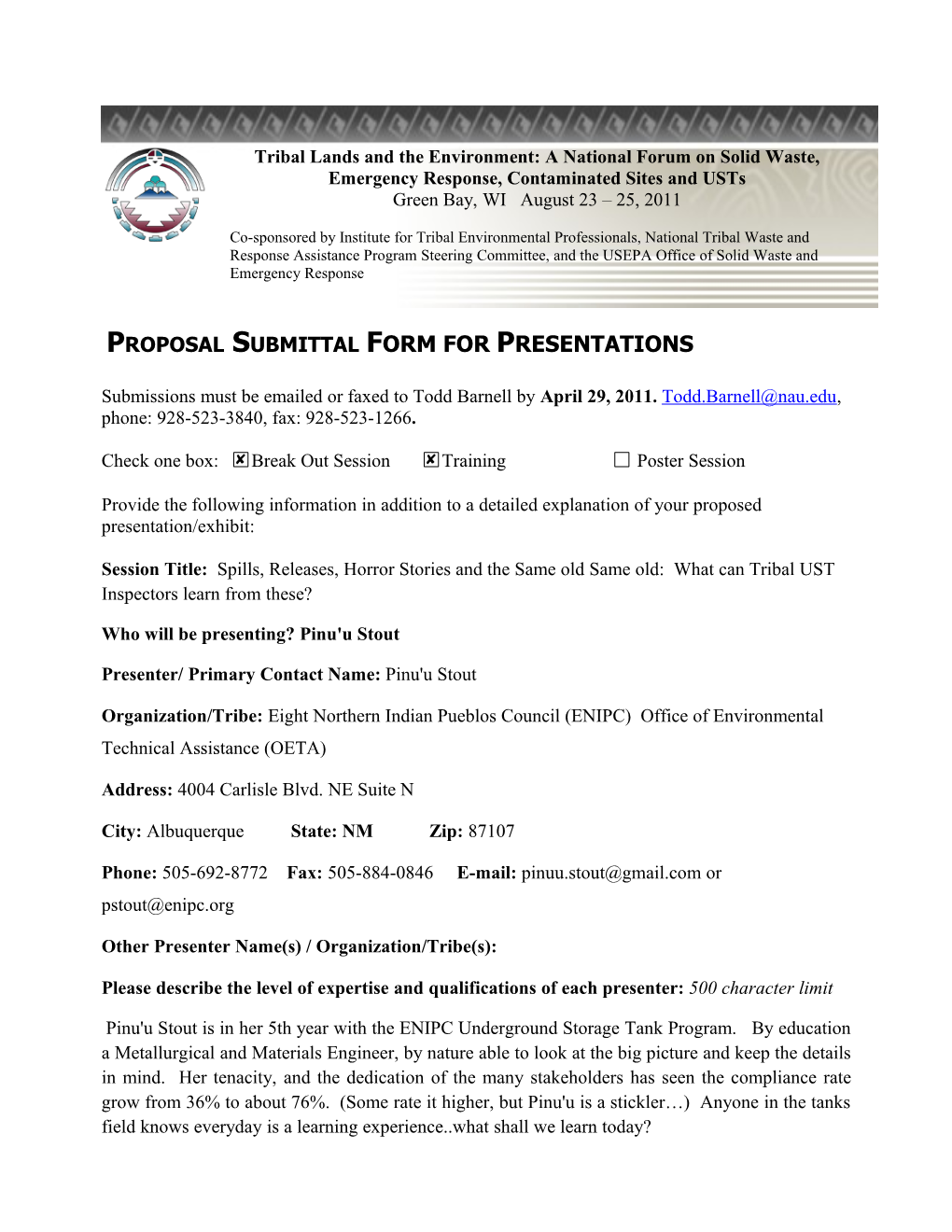Proposal Submittal FORM for PRESENTATIONS
