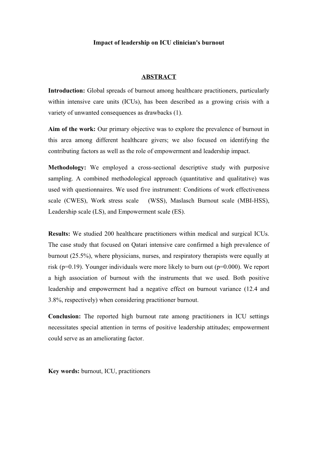 Impact of Leadership on ICU Clinician's Burnout