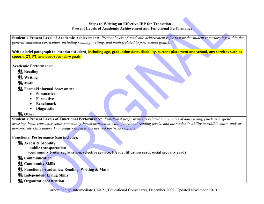 Steps to Writing an Effictive IEP for Transition - Present Levels of Academic Achievement s1