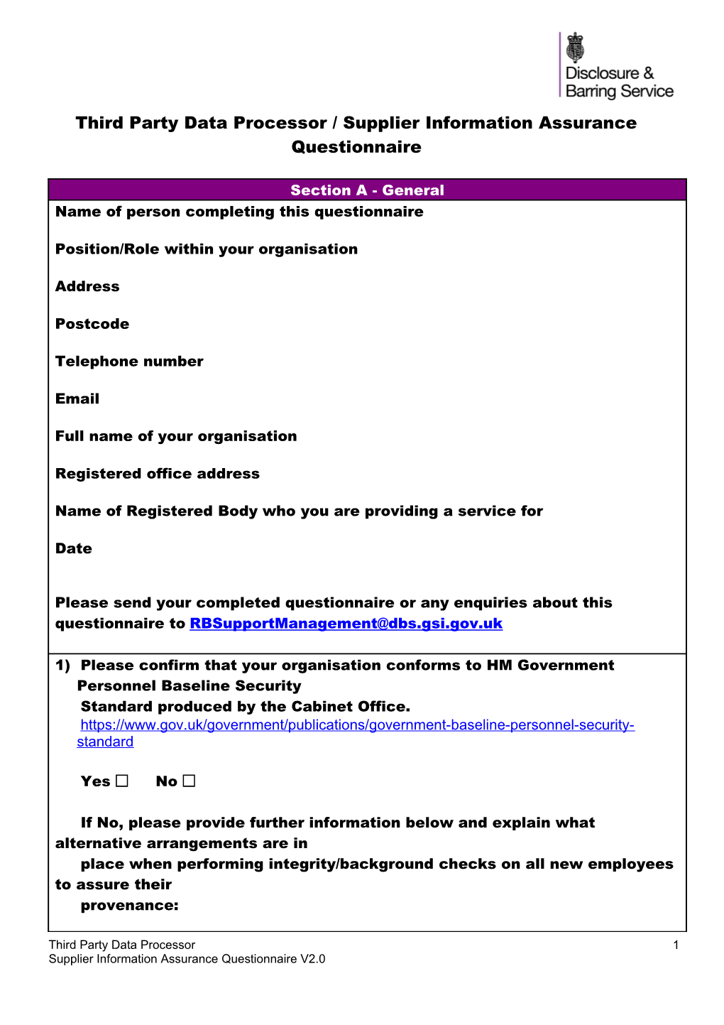 Third Party Data Processor / Supplier Information Assurance Questionnaire