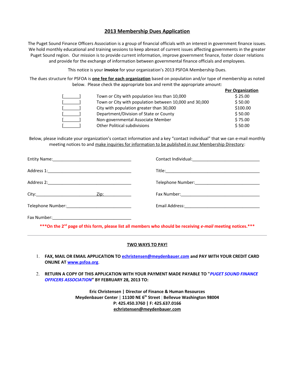 This Notice Is Your Invoice for Your Organization S 2013 PSFOA Membership Dues