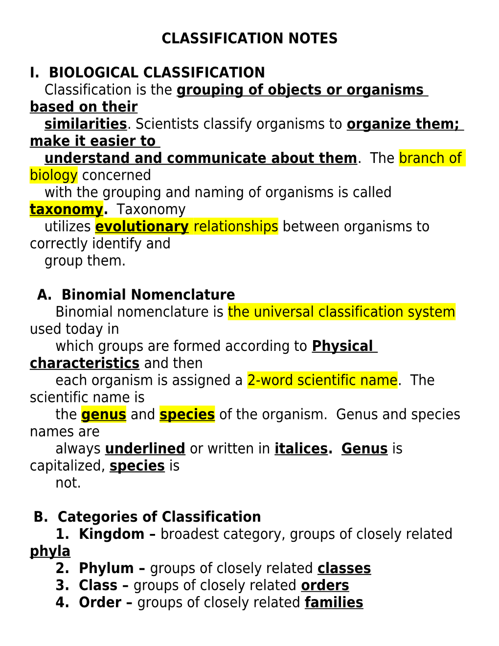 Classification Notes