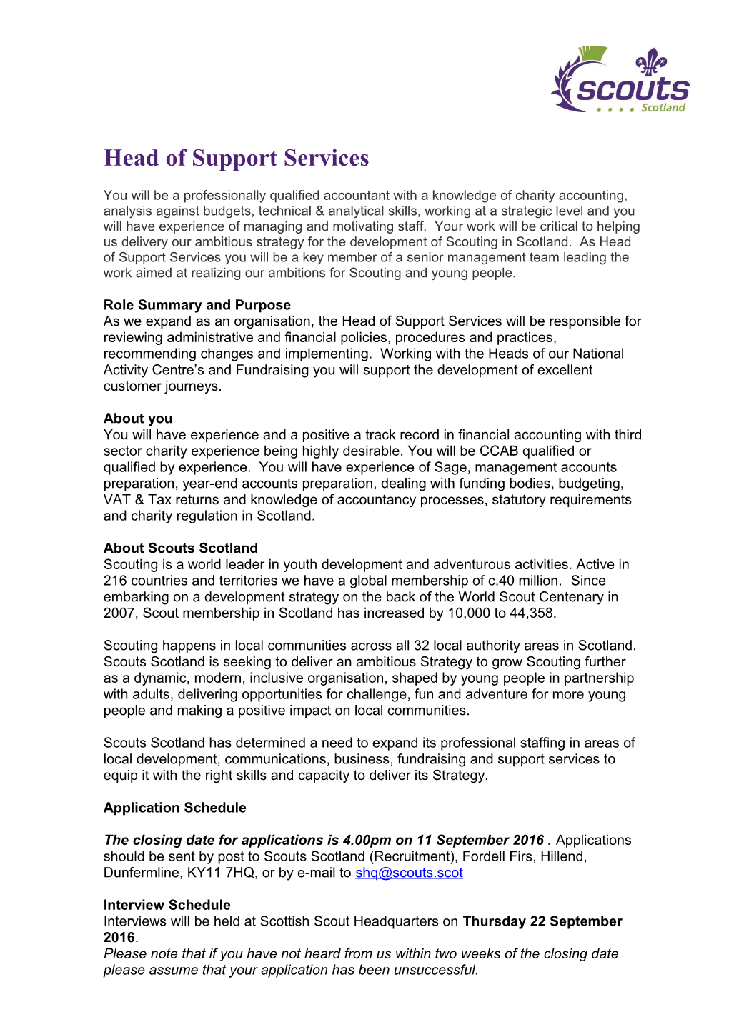 Head of Support Services