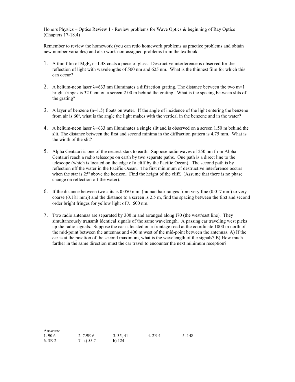 Honors Physics Review Problems for Wave Optics, Ray Optics, and Thin Lenses and Mirrors