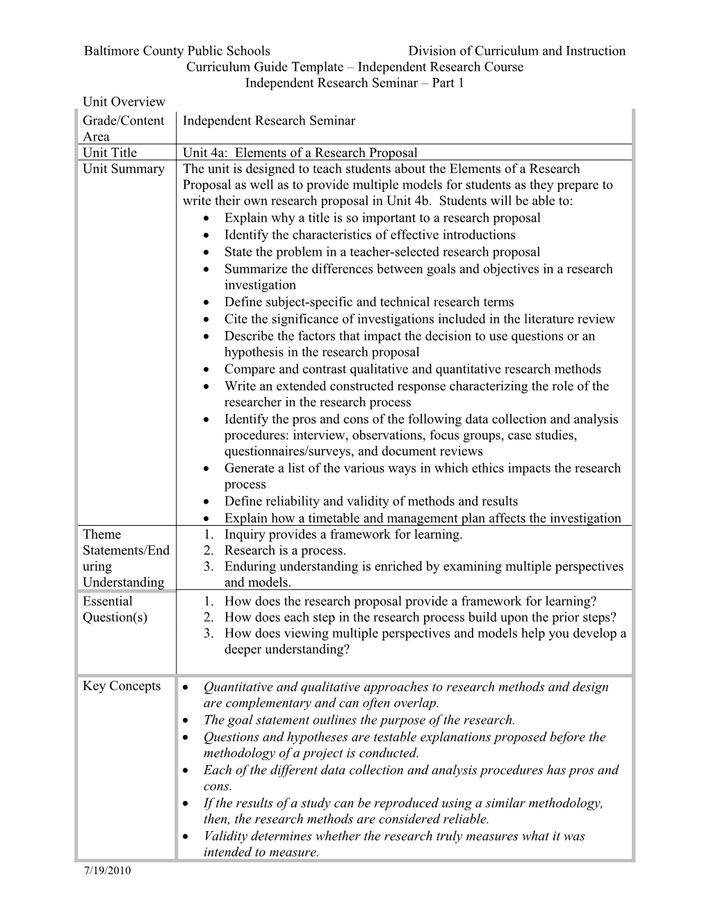 Baltimore County Public Schools Division of Curriculum and Instruction