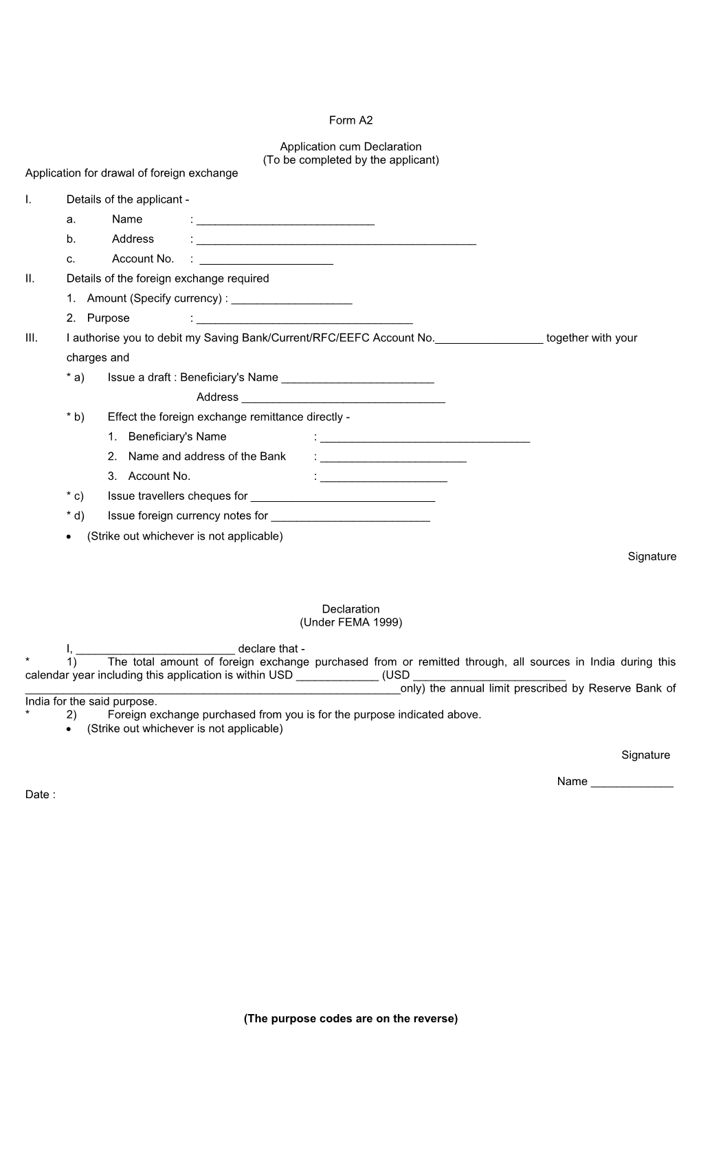 Application for Drawal of Foreign Exchange
