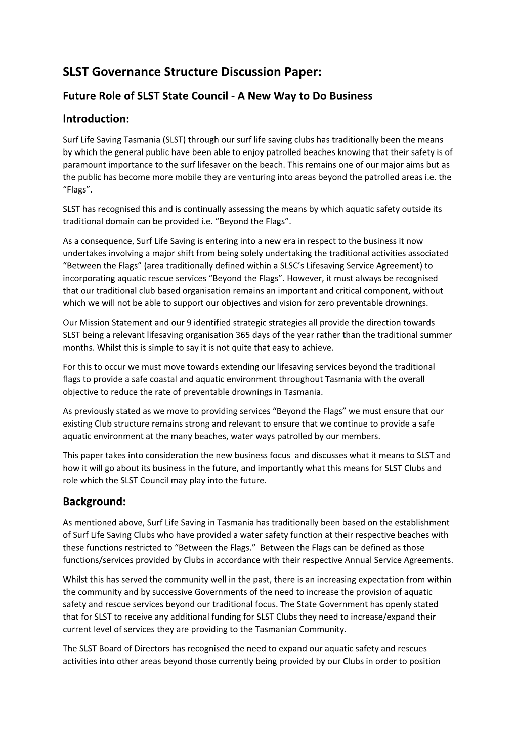 SLST Governance Structure Discussion Paper