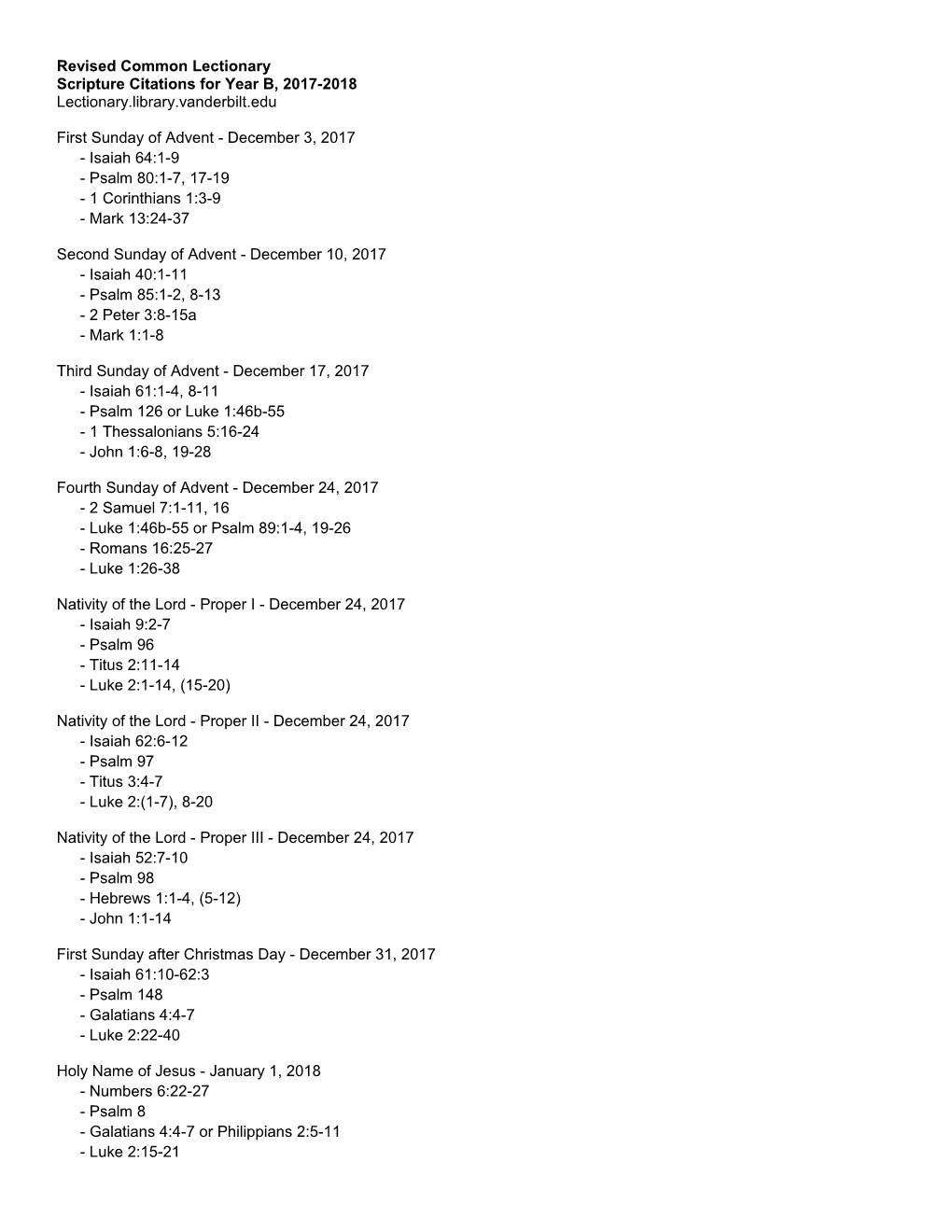 Scripture Citations for Year B, 2017-2018