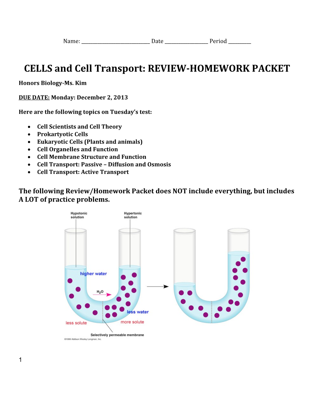 CELLS and Cell Transport: REVIEW-HOMEWORK PACKET