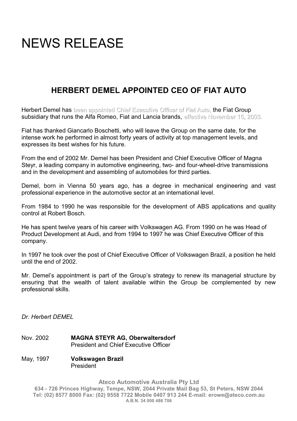 Herbert Demel Appointed Ceo of Fiat Auto