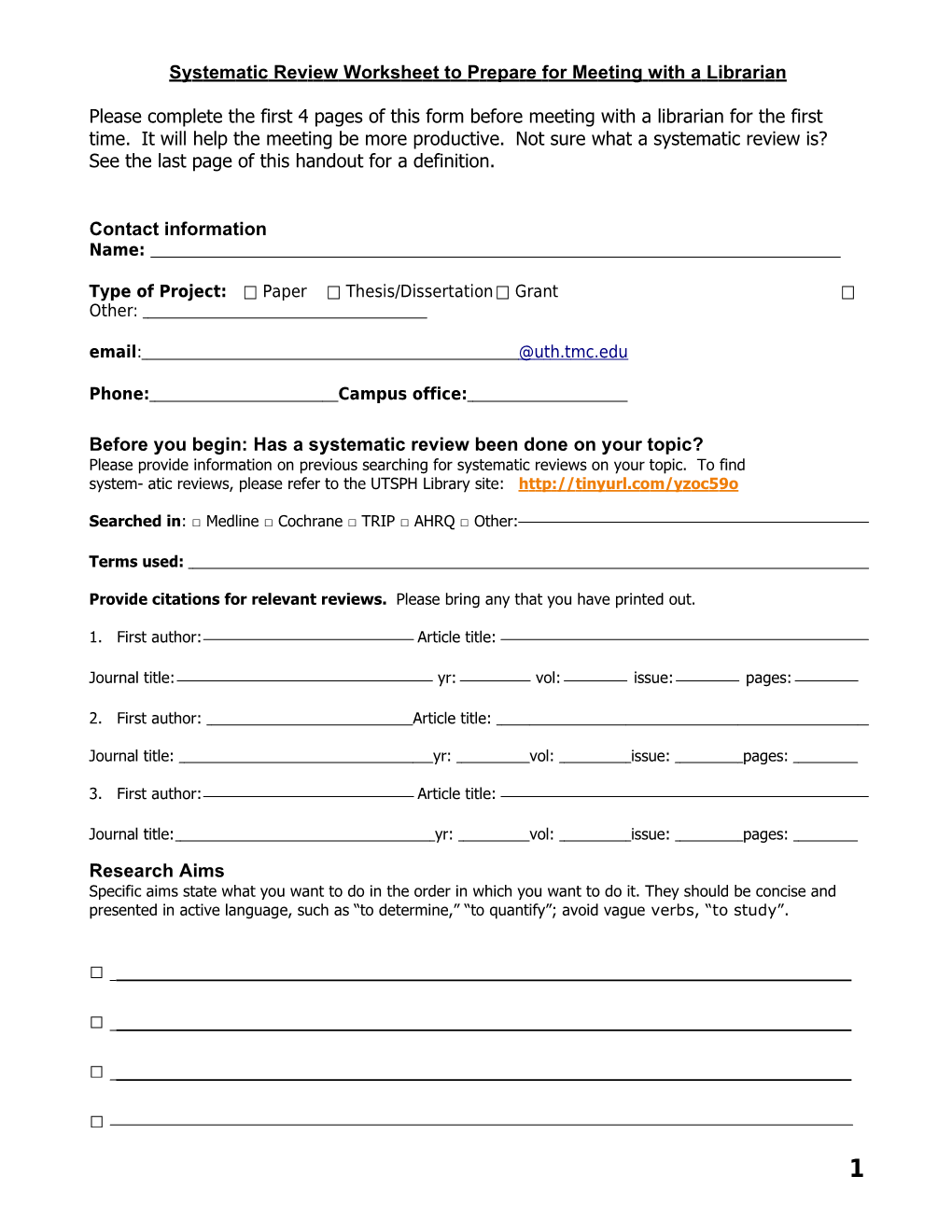 Systematic Review Worksheet to Prepare for Meeting with a Librarian