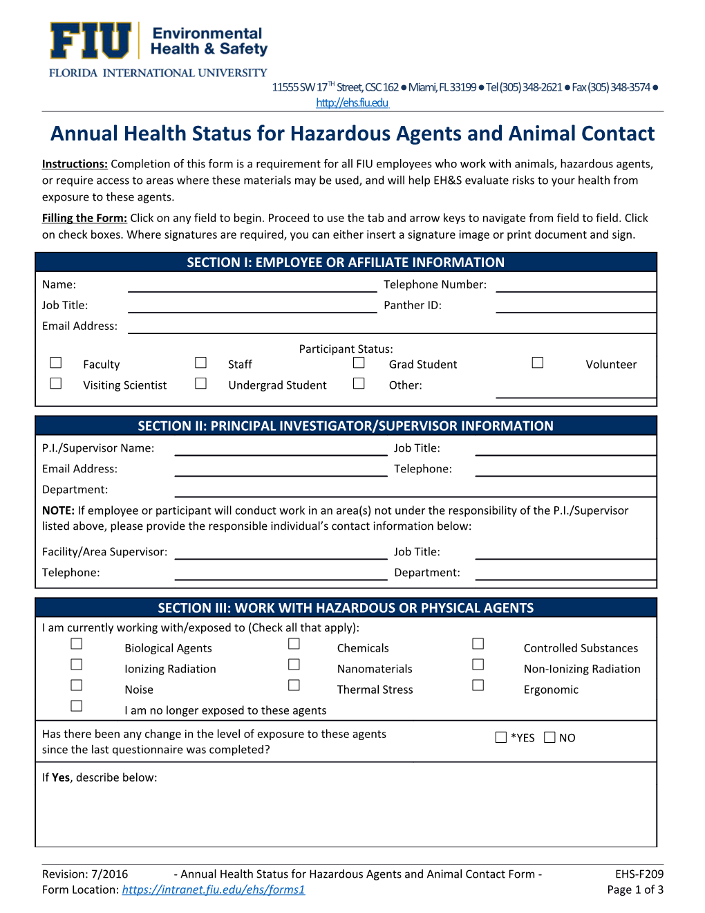 Annual Health Status for Hazardous Agents and Animal Contact