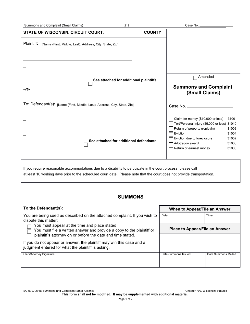 SC-500: Summons and Complaint (Small Claims)