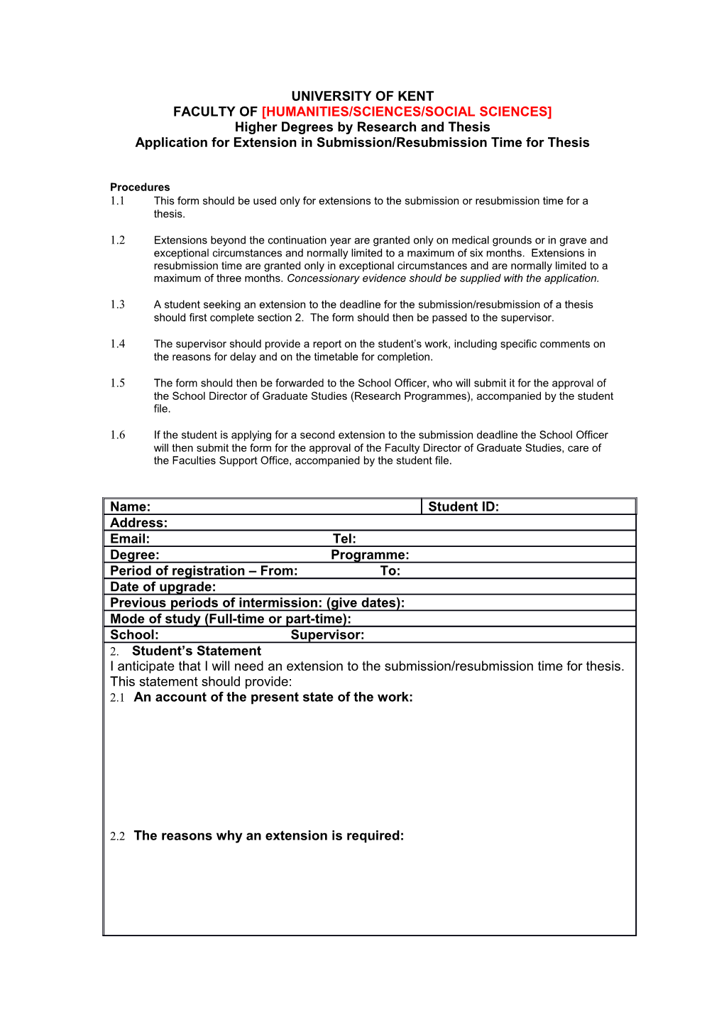 Application for Extension in Submission Time for Thesis