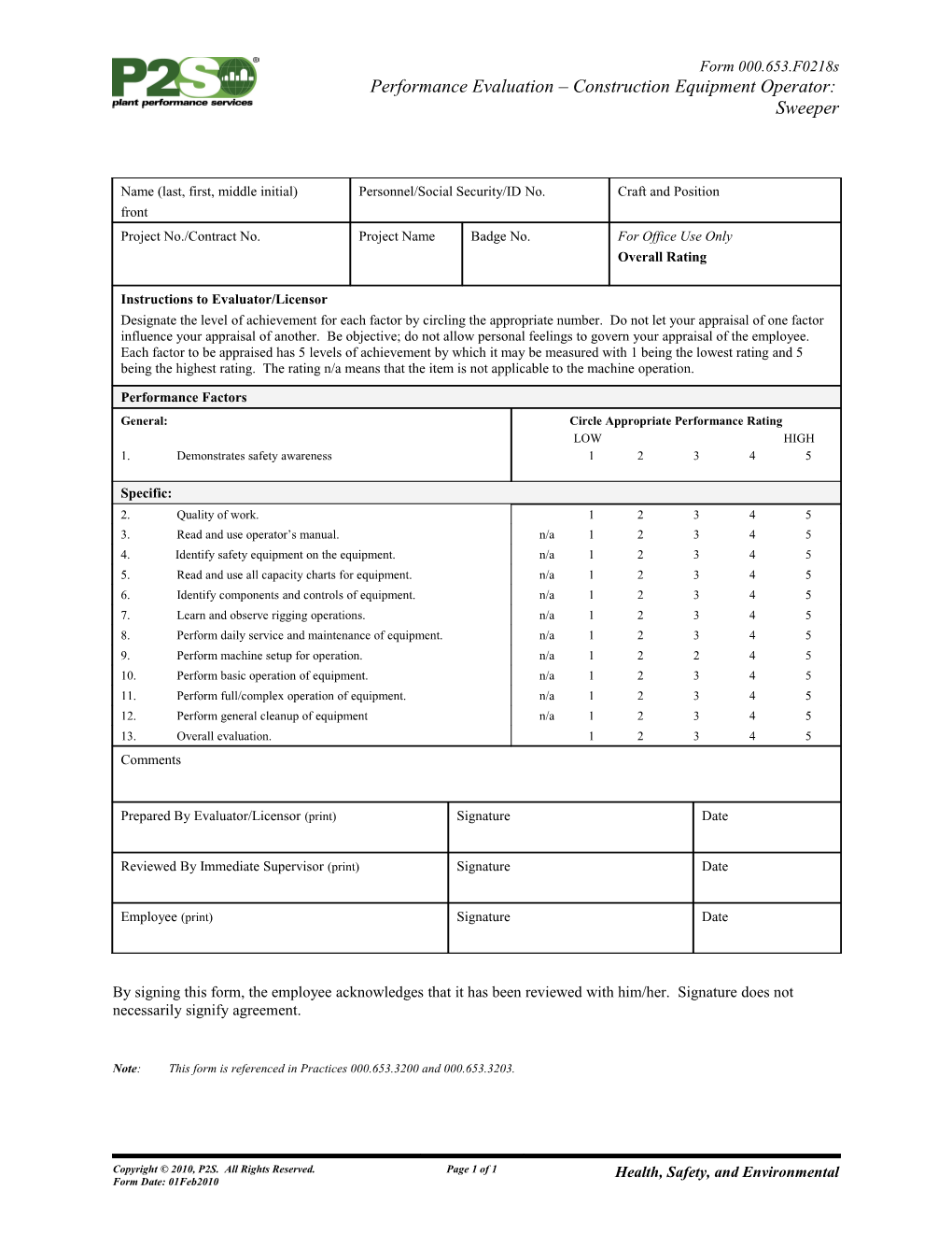 Performance Evaluation - Construction Equipment Operator: Sweeper