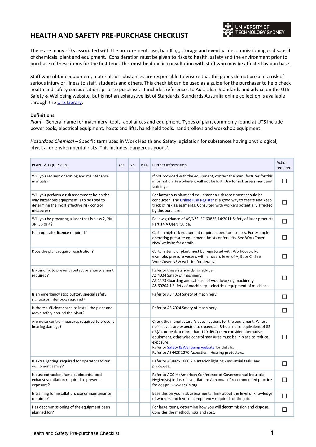 Health and Safety Pre-Purchase Checklist 1