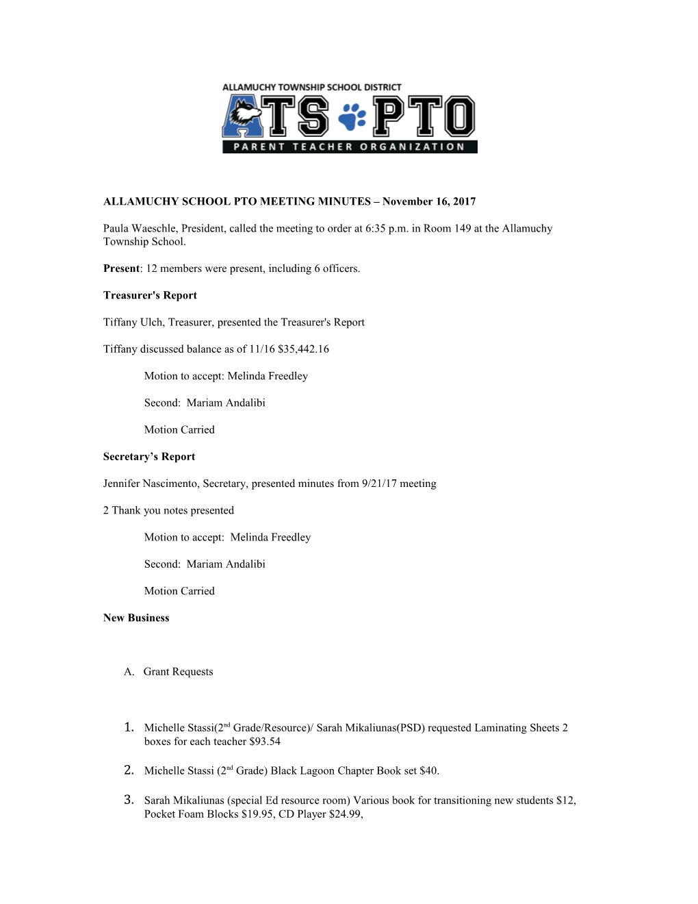 ALLAMUCHY SCHOOL PTO MEETING MINUTES November 16, 2017