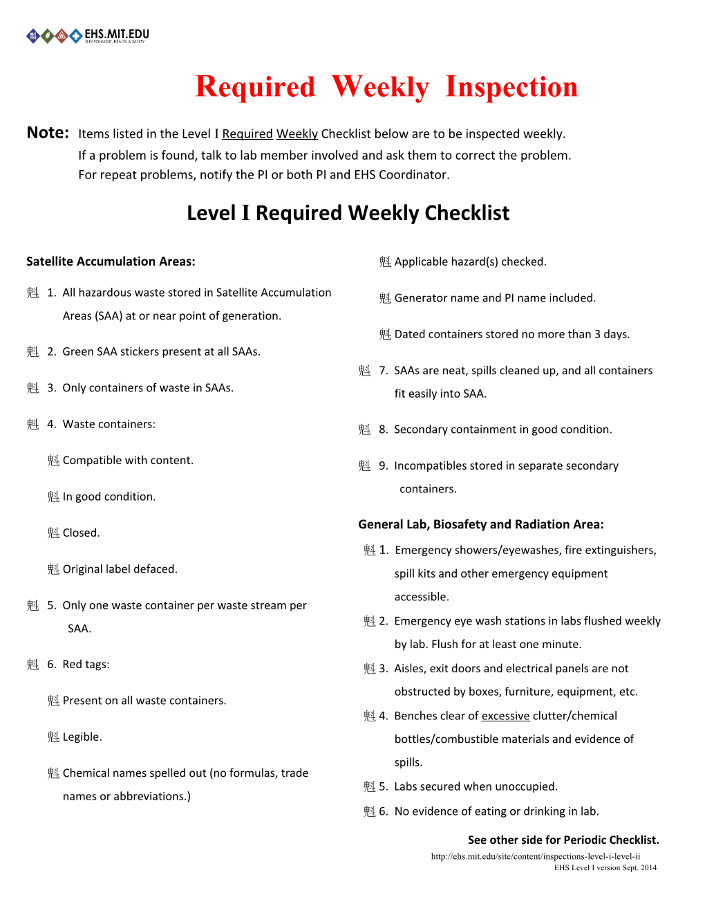 Level I Checklist for SAA Areas