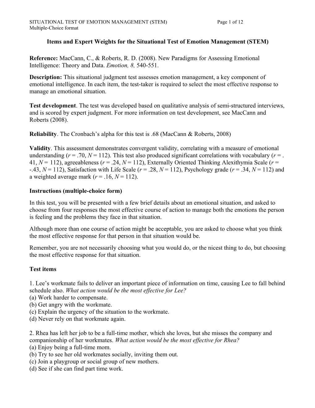 SITUATIONAL TEST of EMOTION MANAGEMENT (STEM) Page 1 of 12