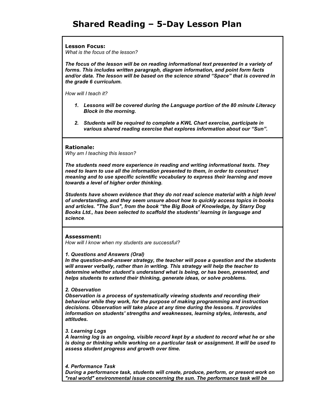 Shared Reading 5-Day Lesson Plan