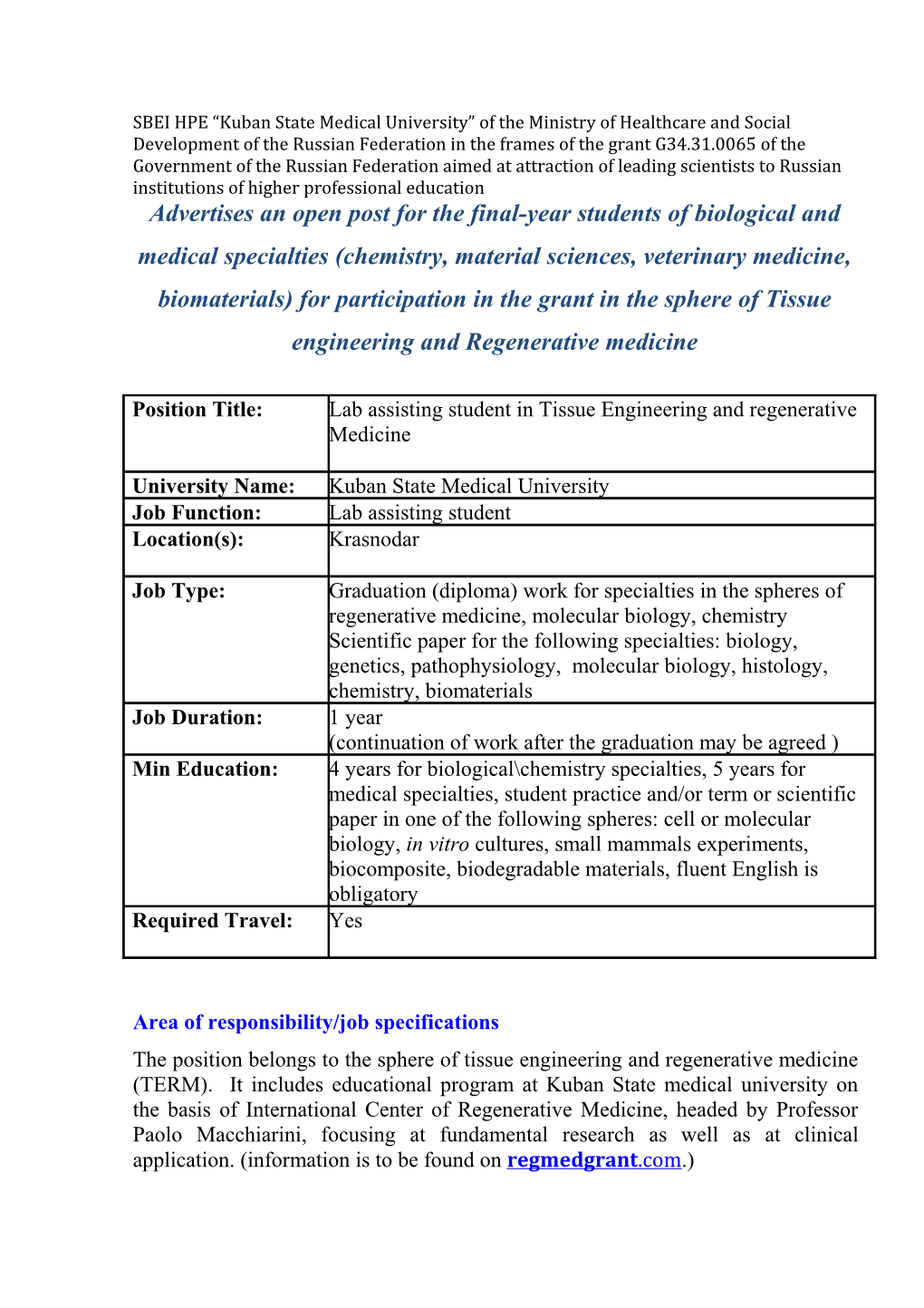 Area of Responsibility/Job Specifications