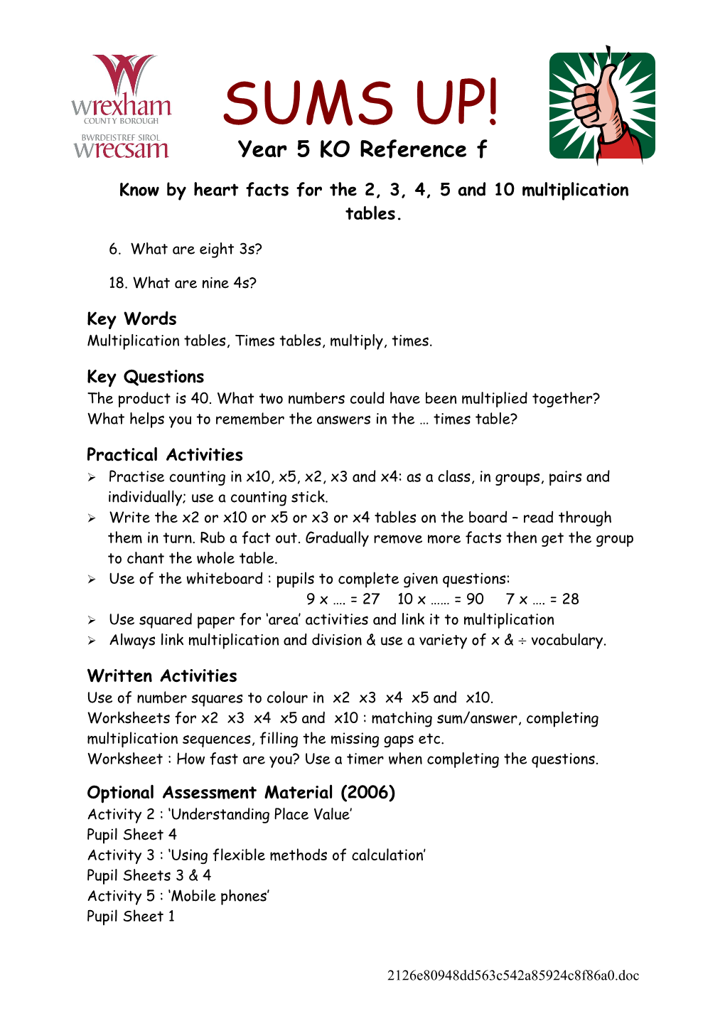 Know by Heart Facts for the 2, 3, 4, 5 and 10 Multiplication Tables