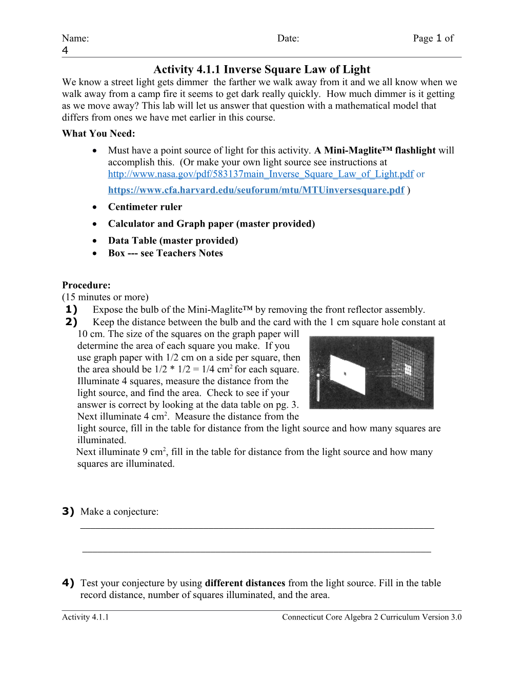 Activity 4.1.1 Inverse Square Law of Light