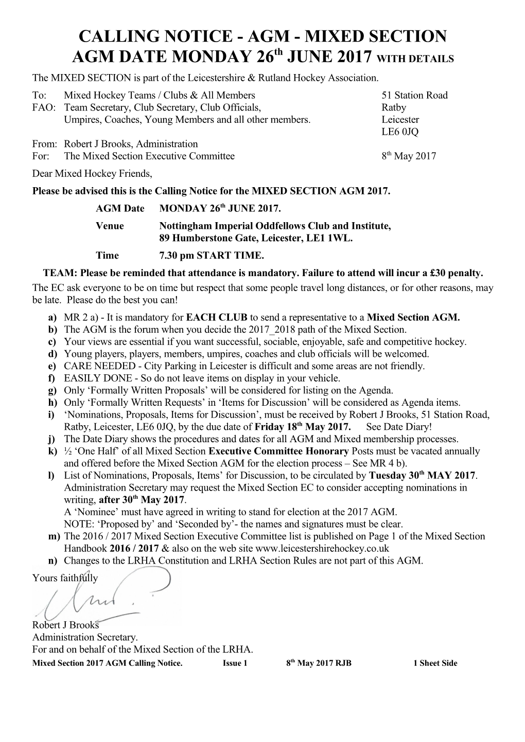 AGM - MIXED SECTION of the Leicestershire & Rutland Hockey Association