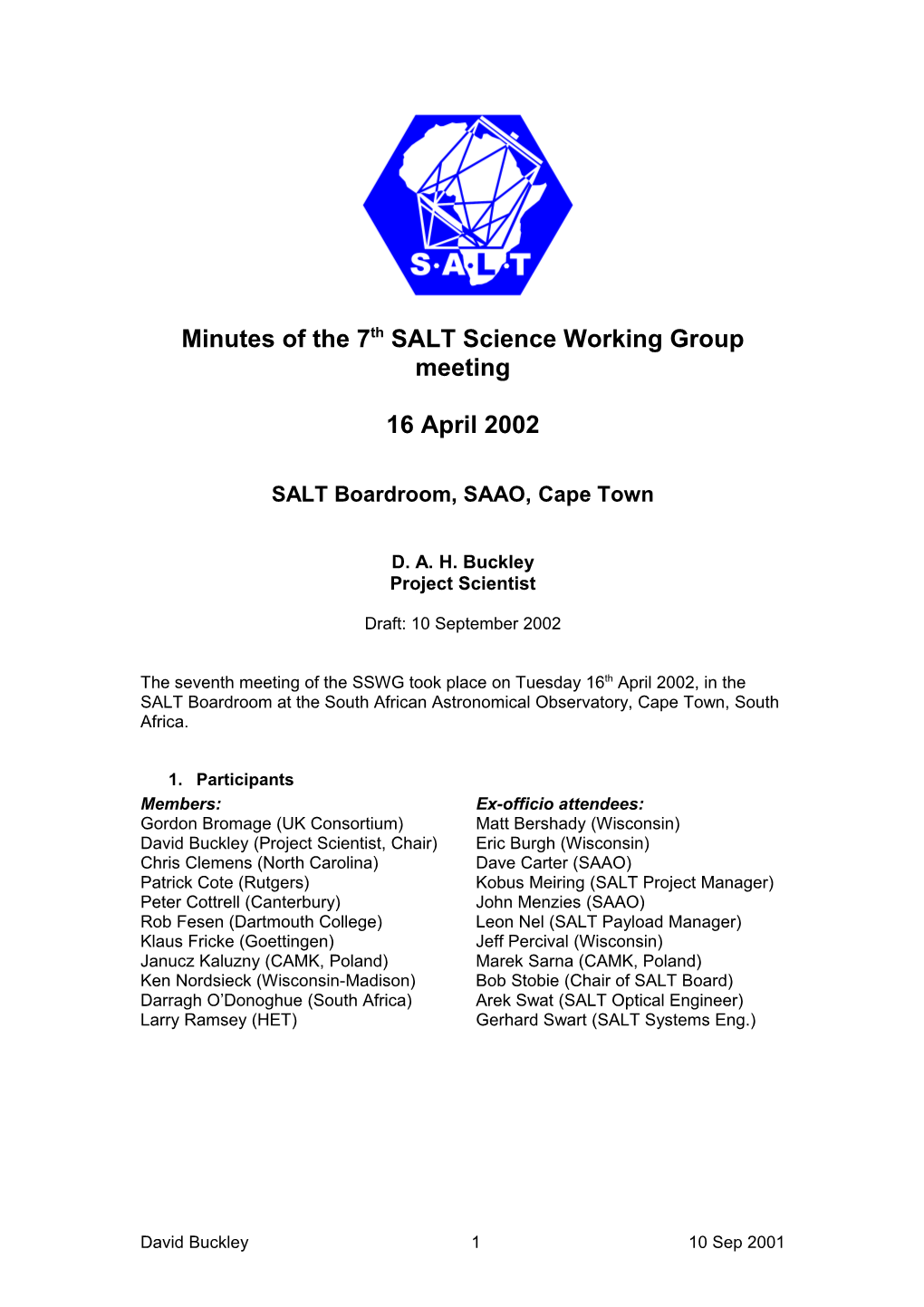 Minutes of the 7Th SALT Science Working Group Meeting