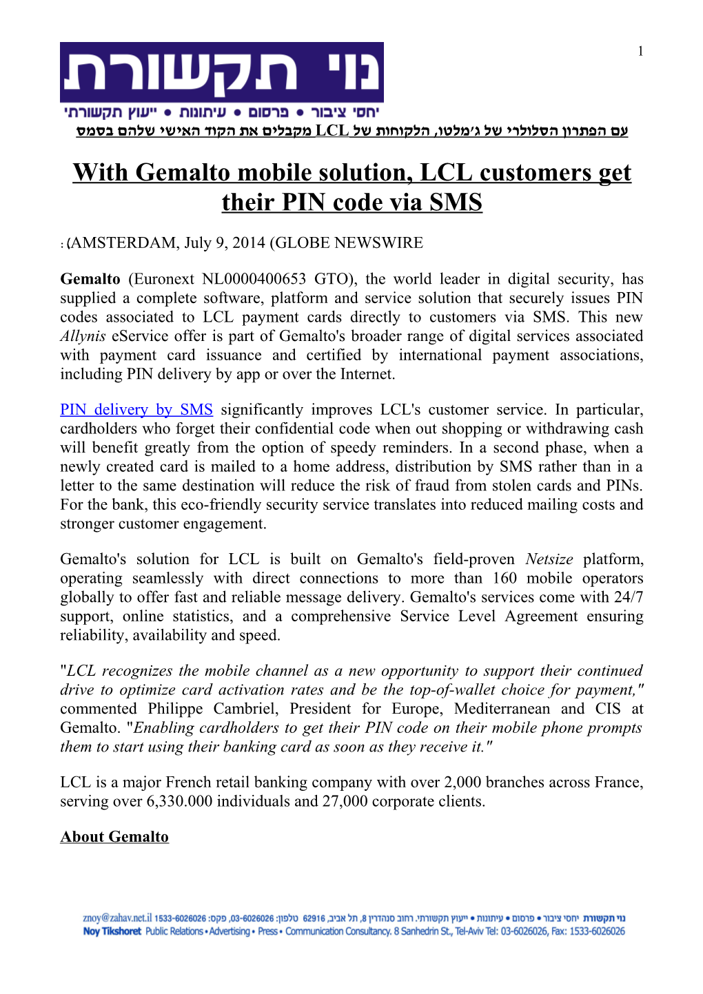 With Gemalto Mobile Solution, LCL Customers Get Their PIN Code Via SMS