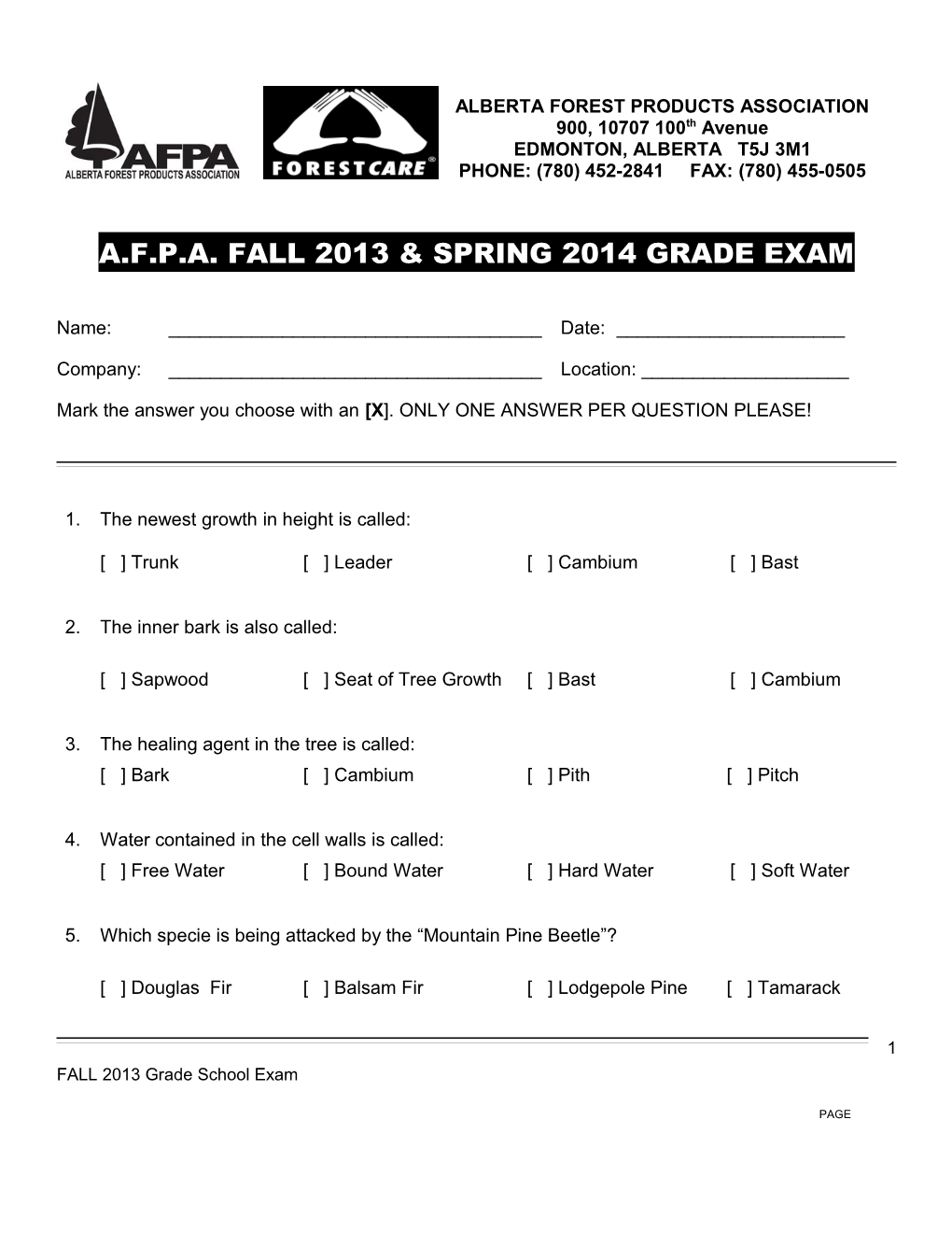 A.F.P.A. Fall2013 & Spring 2014 Grade Exam