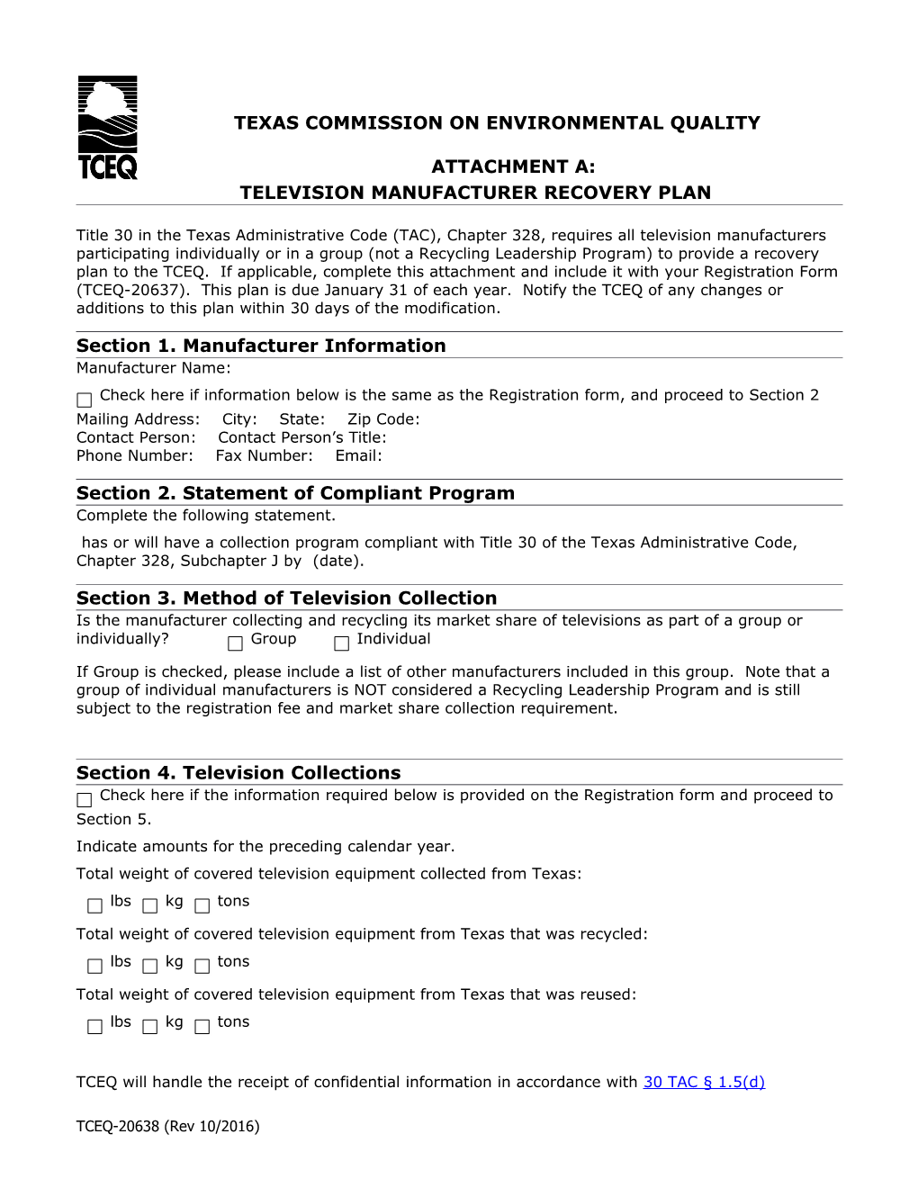 Texas Commission on Environmental Qualityattachment A:Television Manufacturer Recovery Plan