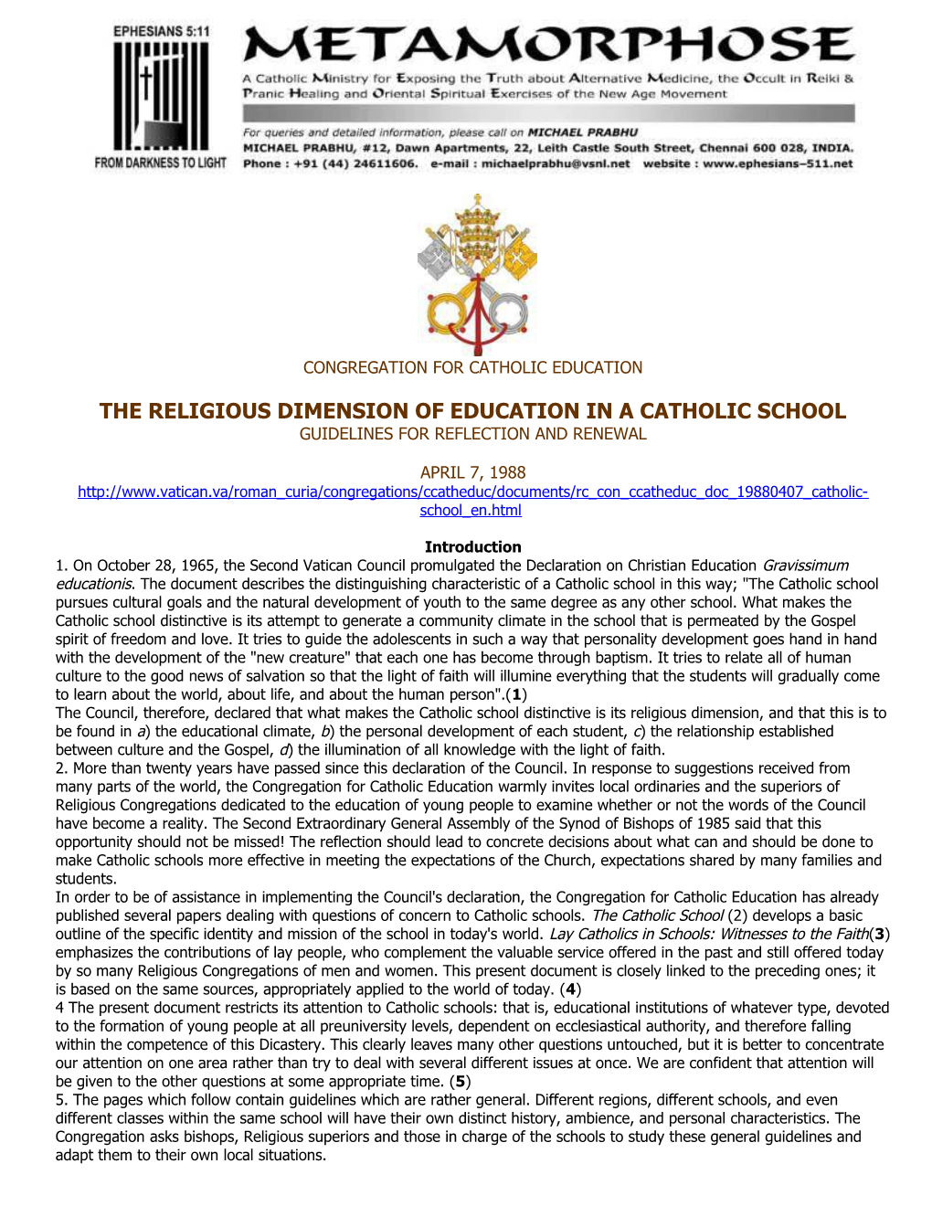 The Religious Dimension of Education in a Catholic School