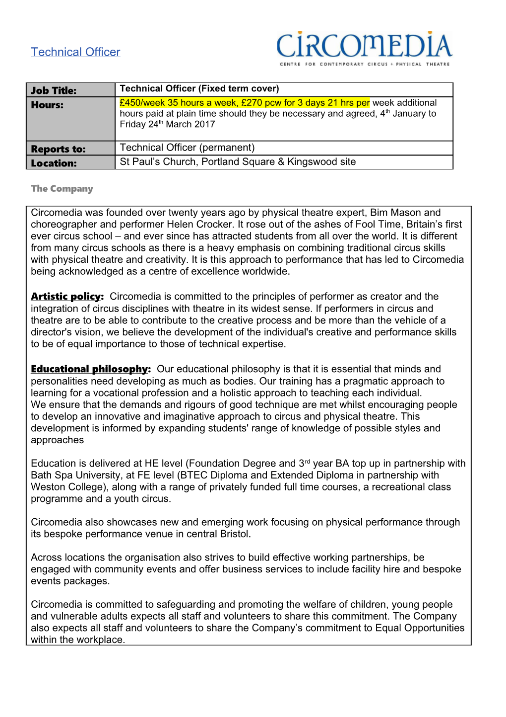 Circomedia Job Description