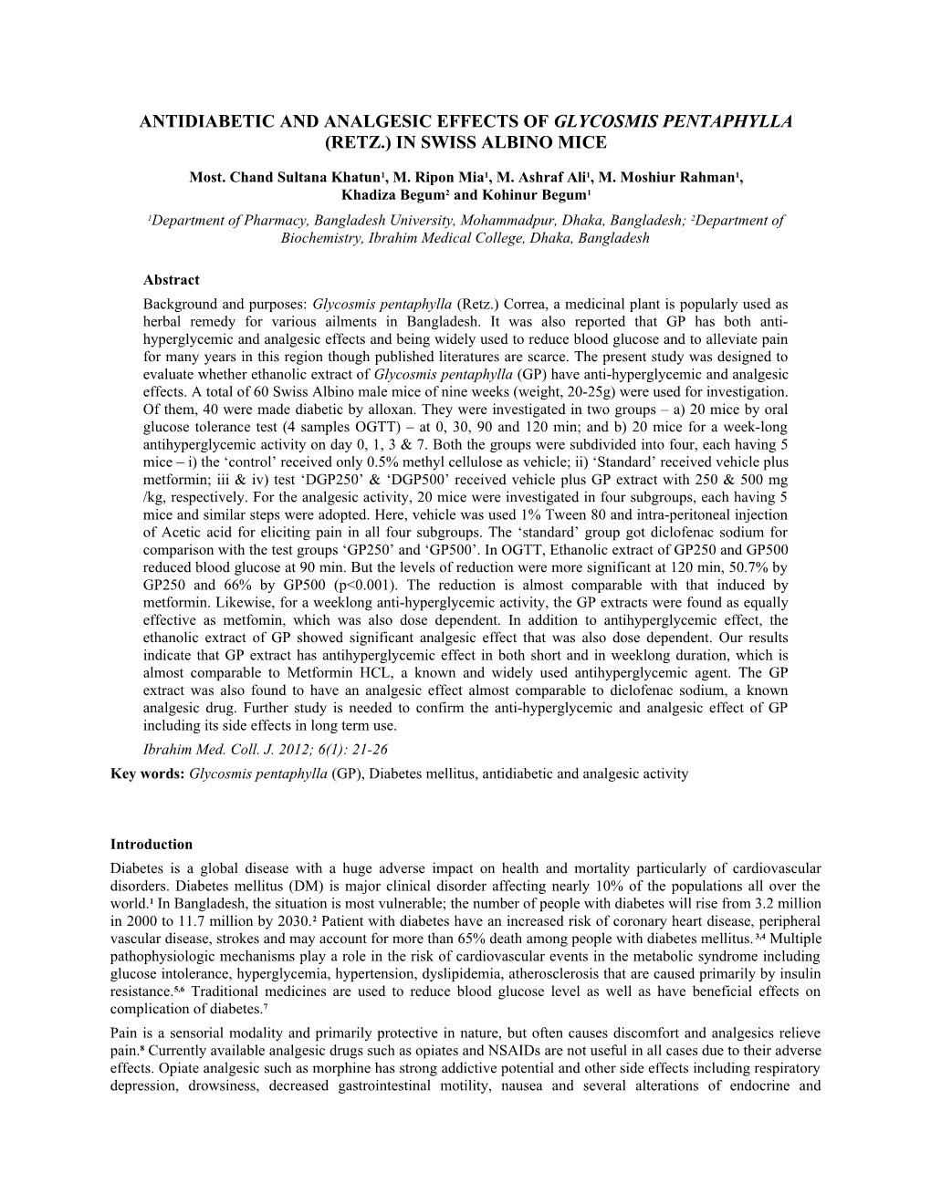Antidiabetic and Analgesic Effects of Glycosmis Pentaphylla (Retz.) in Swiss Albino Mice
