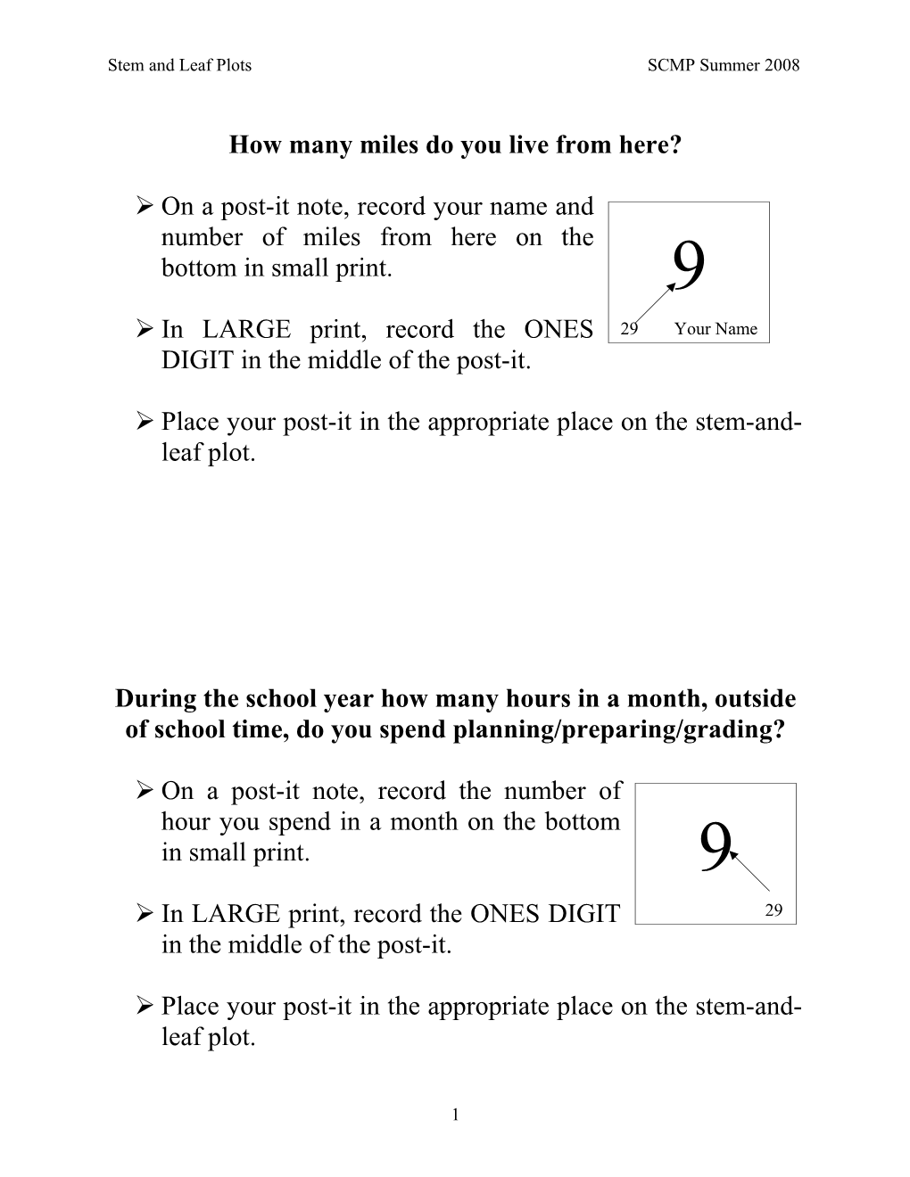 Supplies Needed: Large Poster for Class Stem and Leaf Plot, Square Post-It Notes, Poster