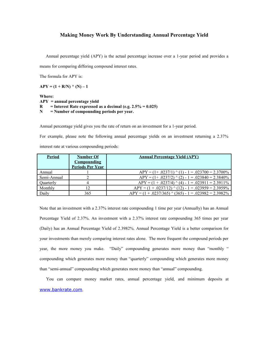 Annual Percentage Yield (APY) Is the Actual Percentage Increase Over a 1-Year Period And