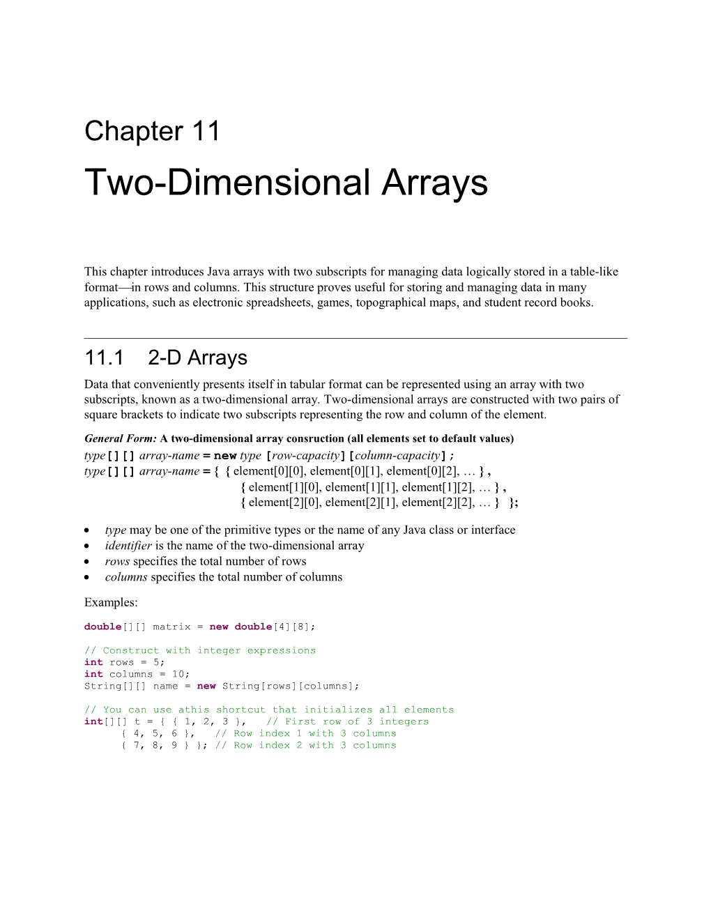 General Form: a Two-Dimensional Array Consruction (All Elements Set to Default Values)