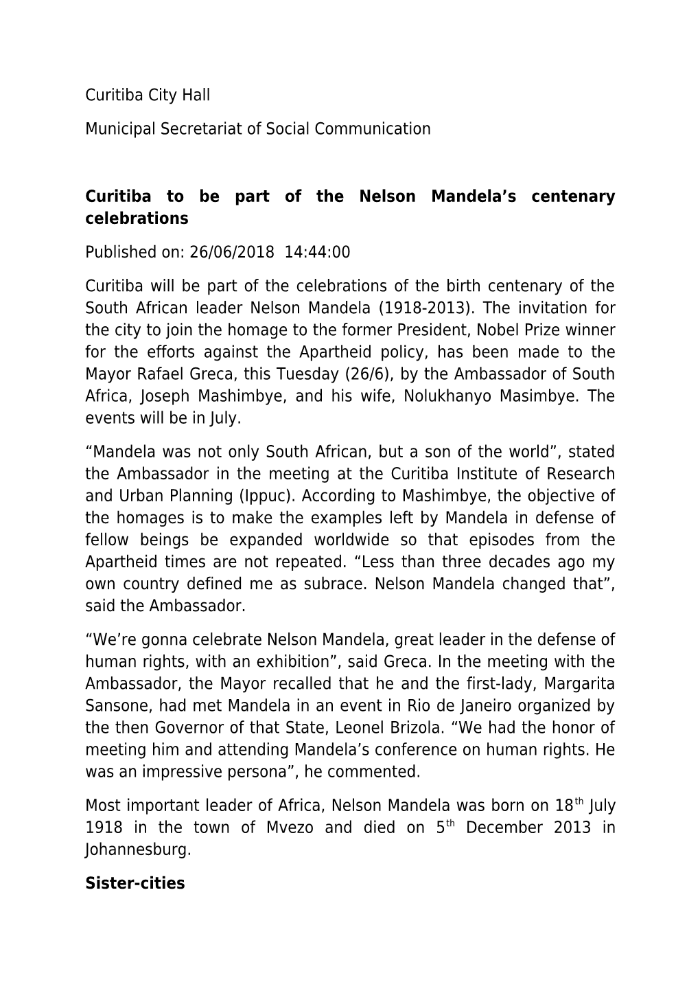 Curitiba to Be Part of the Nelson Mandela S Centenary Celebrations