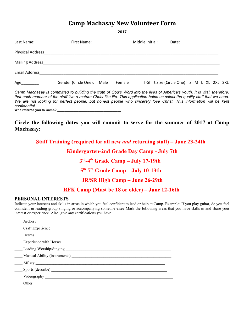 Camp Machasay New Volunteer Form