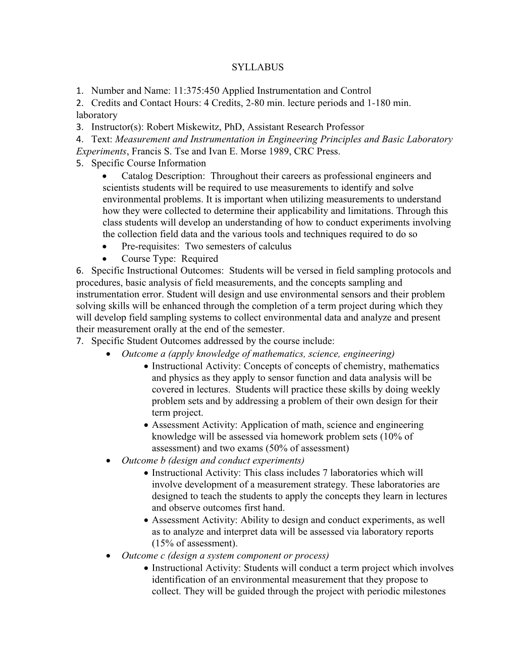 1. Number and Name: 11:375:450 Applied Instrumentation and Control