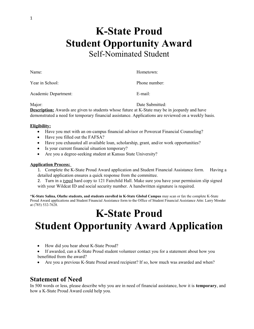 Student Opportunity Award